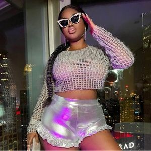 Plus Sexy Silver Glitter Hollow Out Crop